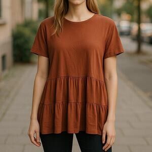 Rust Babydoll Peplum Tunic Top Truly Madly Deeply Size L – Flowy Romantic